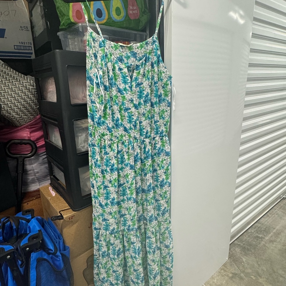 Green and Blue Sleeveless dress with Abstract Print